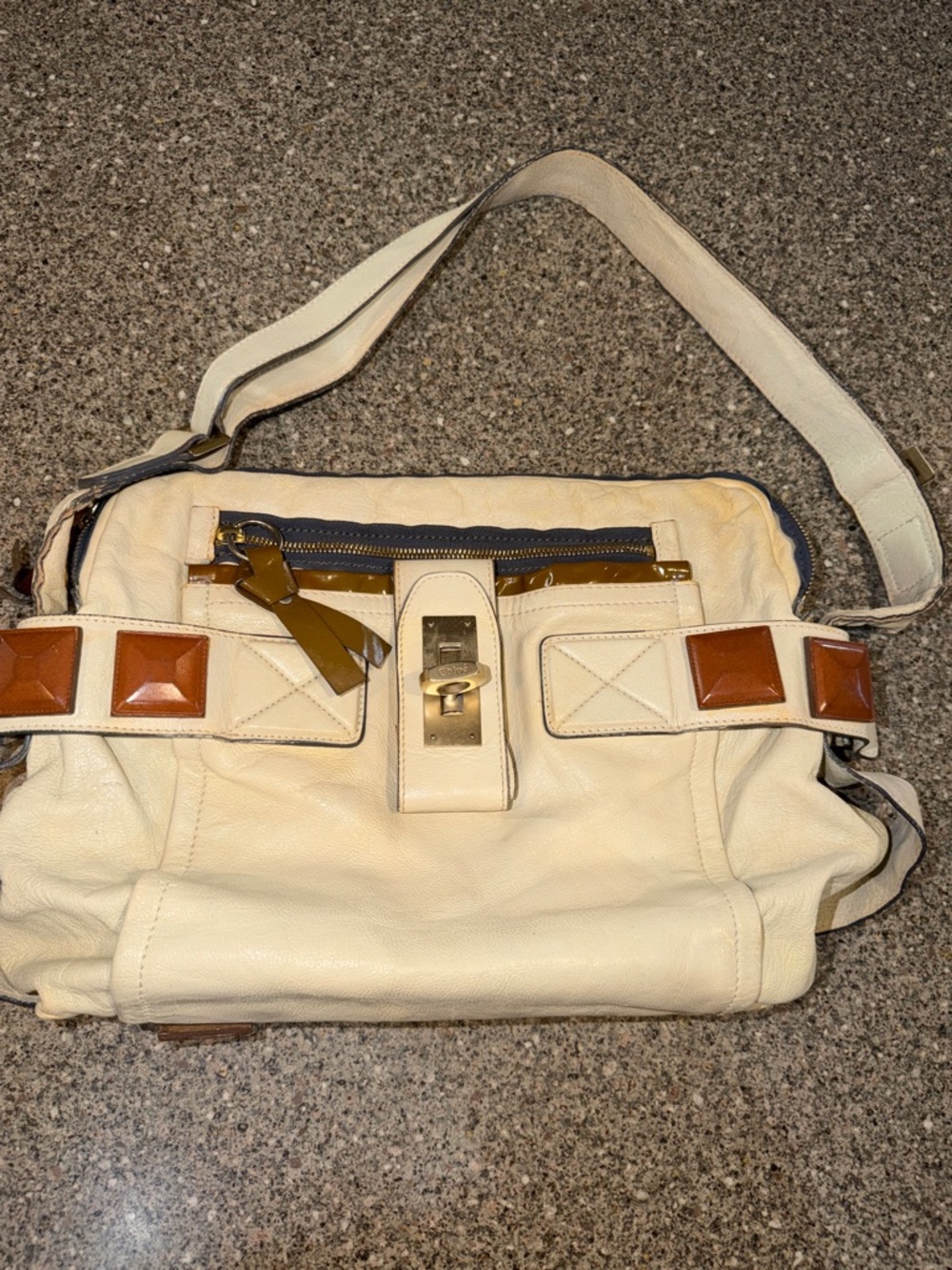 Chloe Cream Leather Shoulder Bag with Brown Stud Squares
